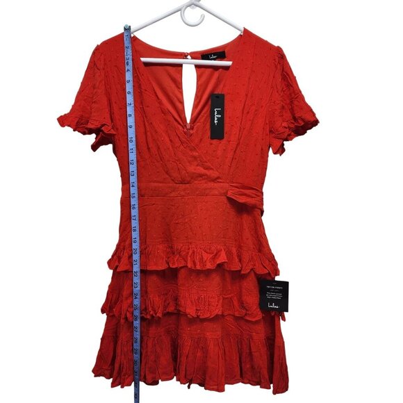 Lulus Red Wrap dress ruffle Knot Tie Sleeves Waist Tie Lined Bodice Size Medium - Picture 3 of 13